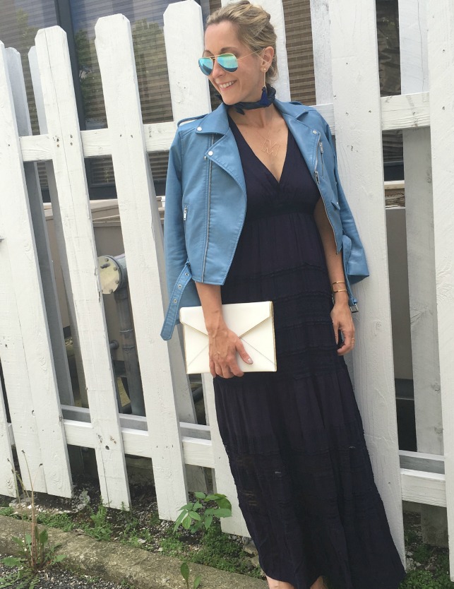 woman wearing Maxi dress with leather jacker for june style board woman wearing Maxi dress with leather jacker for june style board