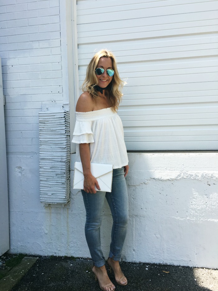 woman wearing Off Shoulder top and jeans for Memorial Day from June Style Board woman wearing Off Shoulder top and jeans for Memorial Day from June Style Board