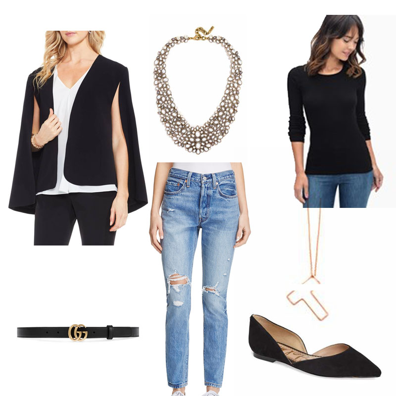mood board mood board Black Basics: Black cape, black tee, statement necklace, denim, black flats for a go-to basic black everyday outfit