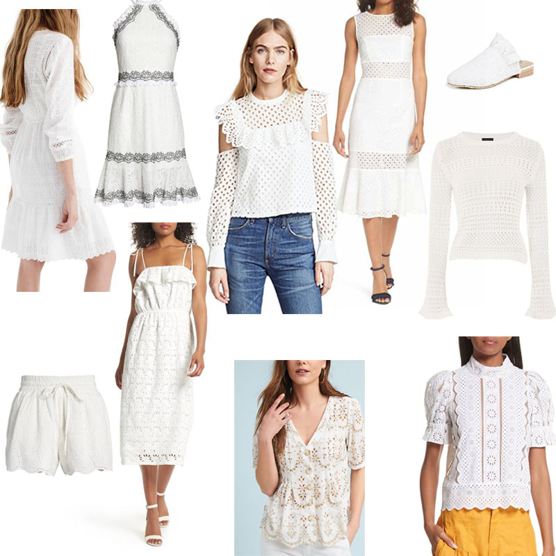 Collage of white eyelet clothing and crochet pieces for spring