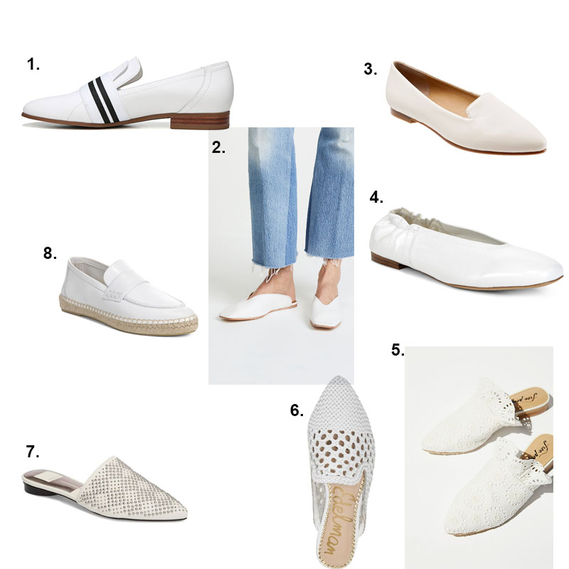 Collage of white loafers and white mules for spring Collage of white loafers and white mules for spring