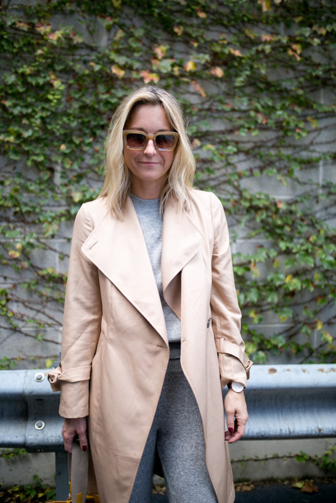 trench coat over grey outfit