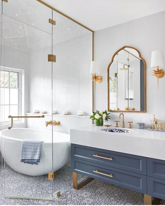 A free standing tub built within a shower