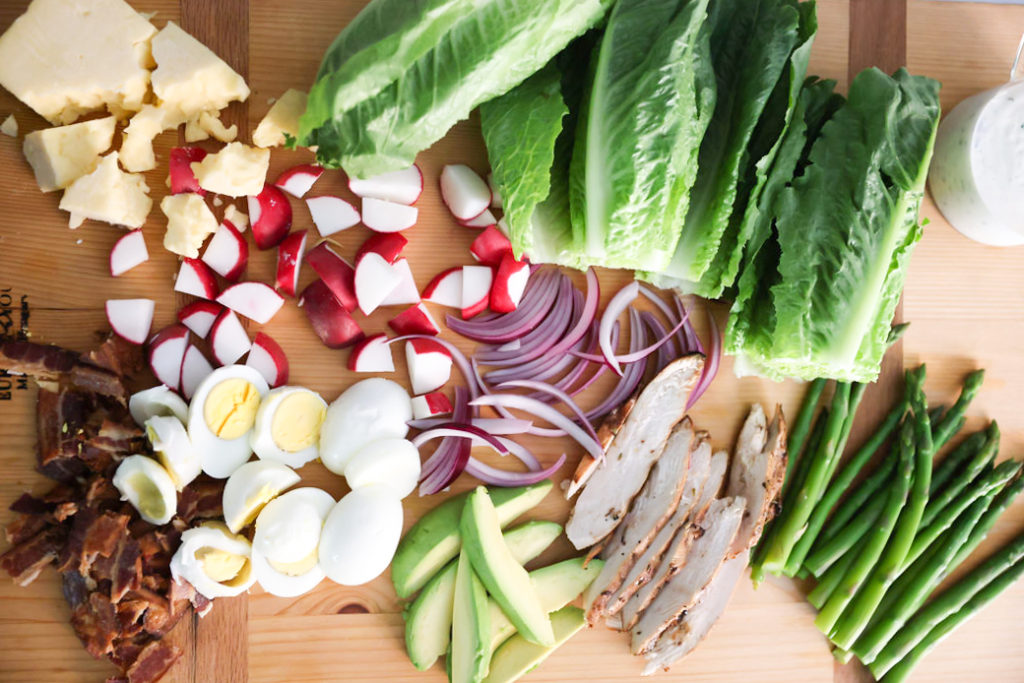 Cobb Salad Charcuterie on a wooden Board Cobb Salad Charcuterie on a wooden Board